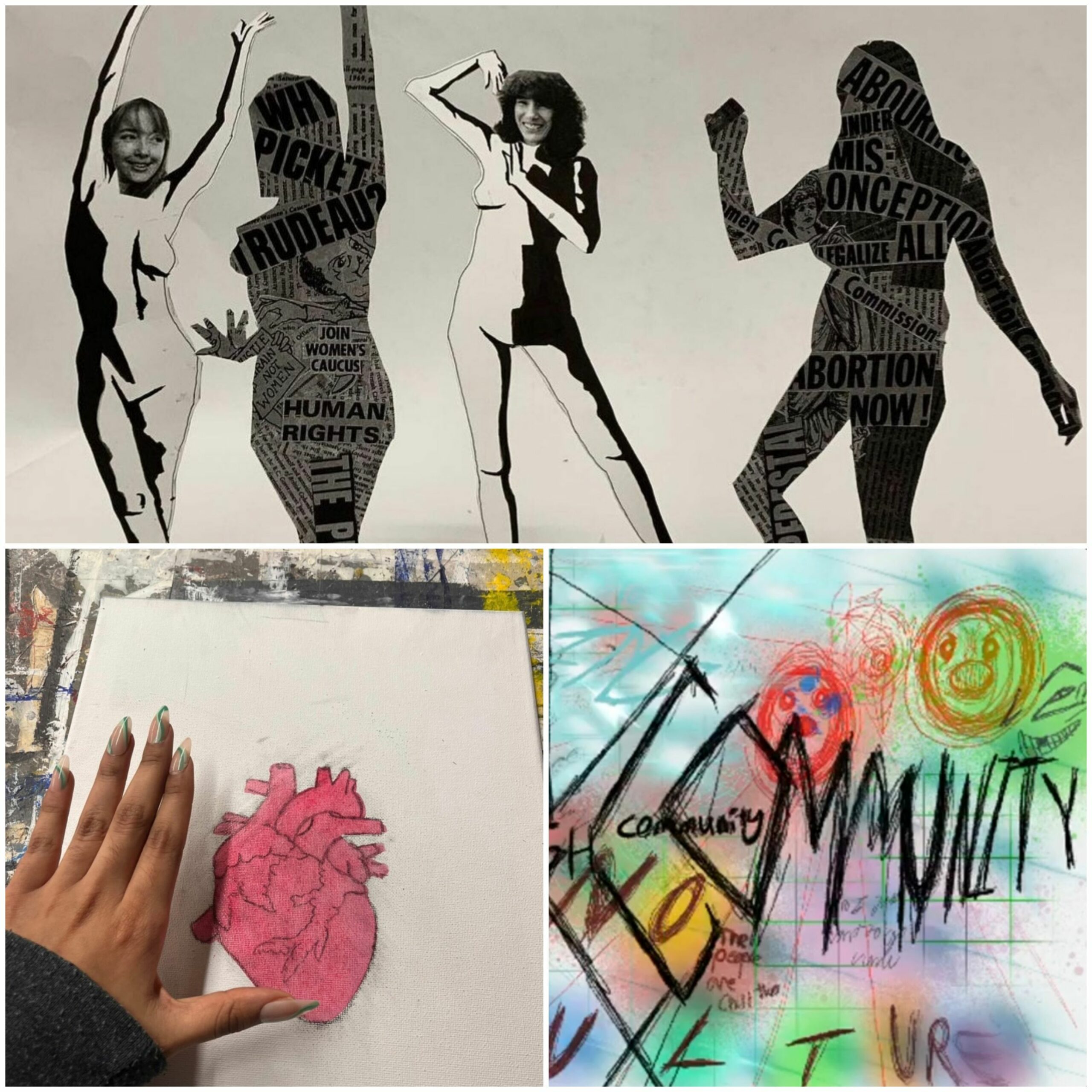 A composite image featuring four newspaper collaged paper figures, a colourful scribbly doodle, and an anatomical heart drawing with a human hand beside it to model the drawing’s scale