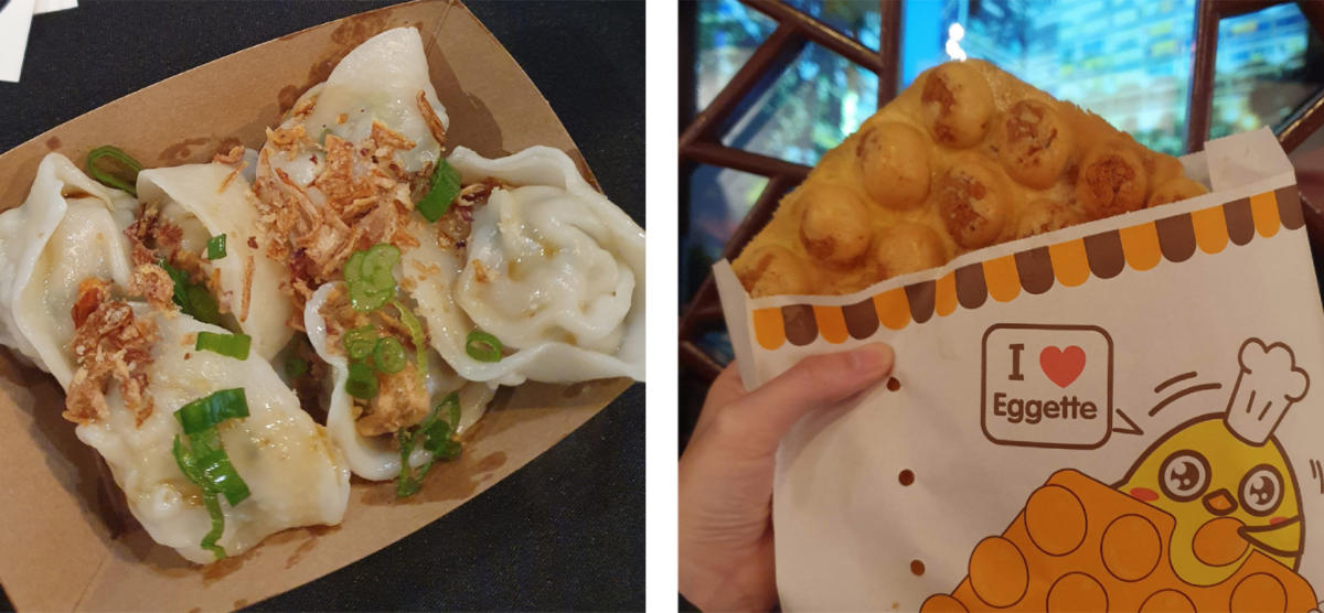 Food collage with pork dumplings on the left and a bubble waffle on the right