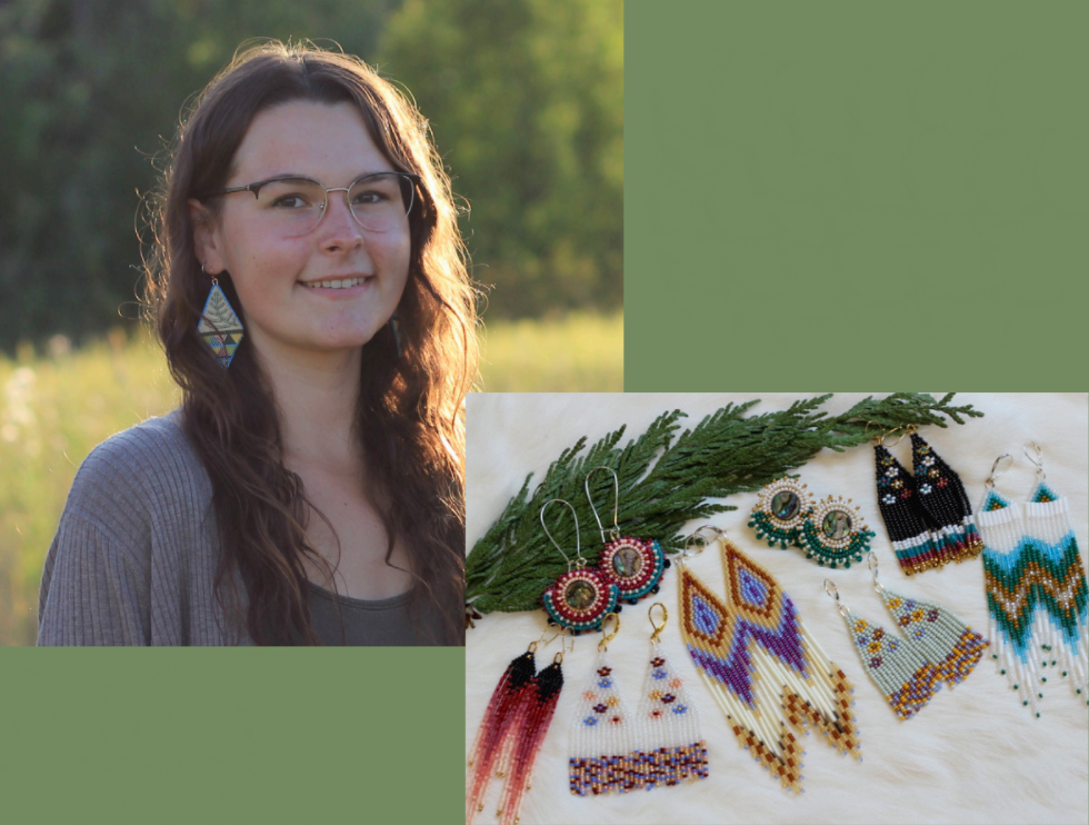 Collage featuring Rebekah, a Métis woman, and a colourful array of her beadwork earrings against a sage green background