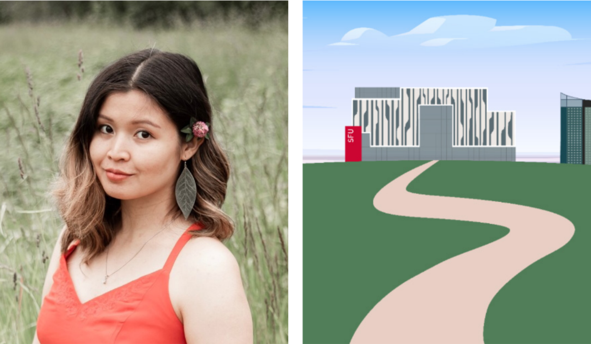 Collage with portrait photo of Kue, a Karen woman, on the left and an illustration of SFU Surrey campus on the right