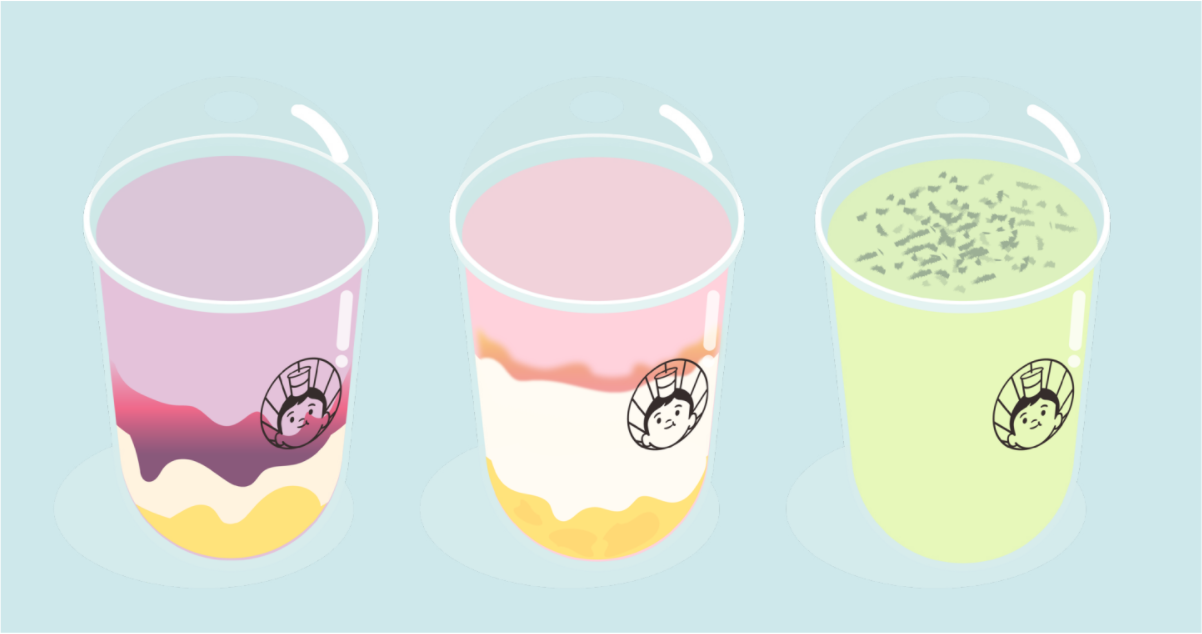 Illustration of three yogurt drinks against a blue background. The drinks from left to right: purple grape with mochi, pink peach with mango and mochi, and matcha with rice topping