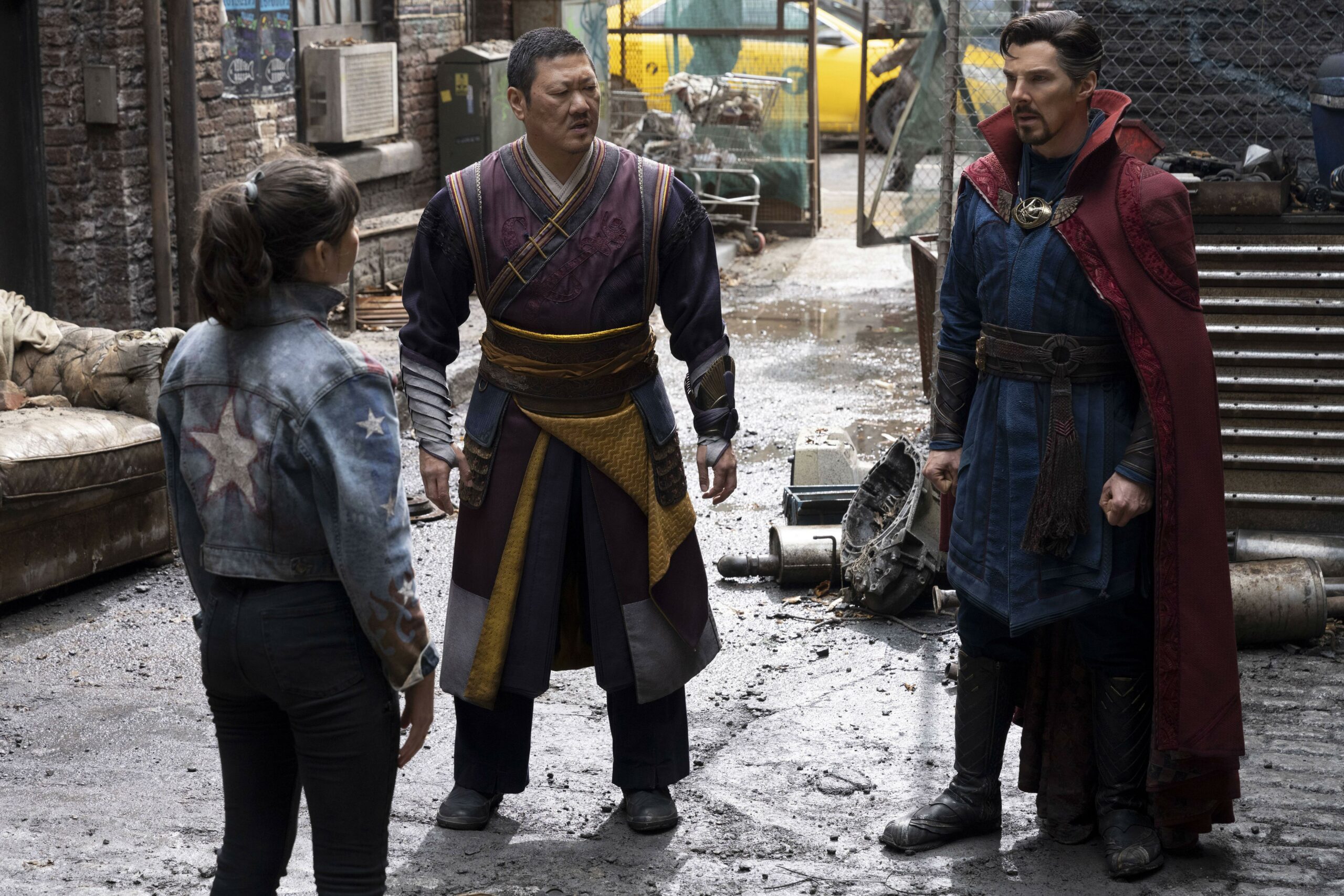 Dr. Strange (Benedict Cumberbatch), Wong (Benedict Wong), and America Chavez (Xochitl Gomez) in Doctor Strange in the Multiverse of Madness.