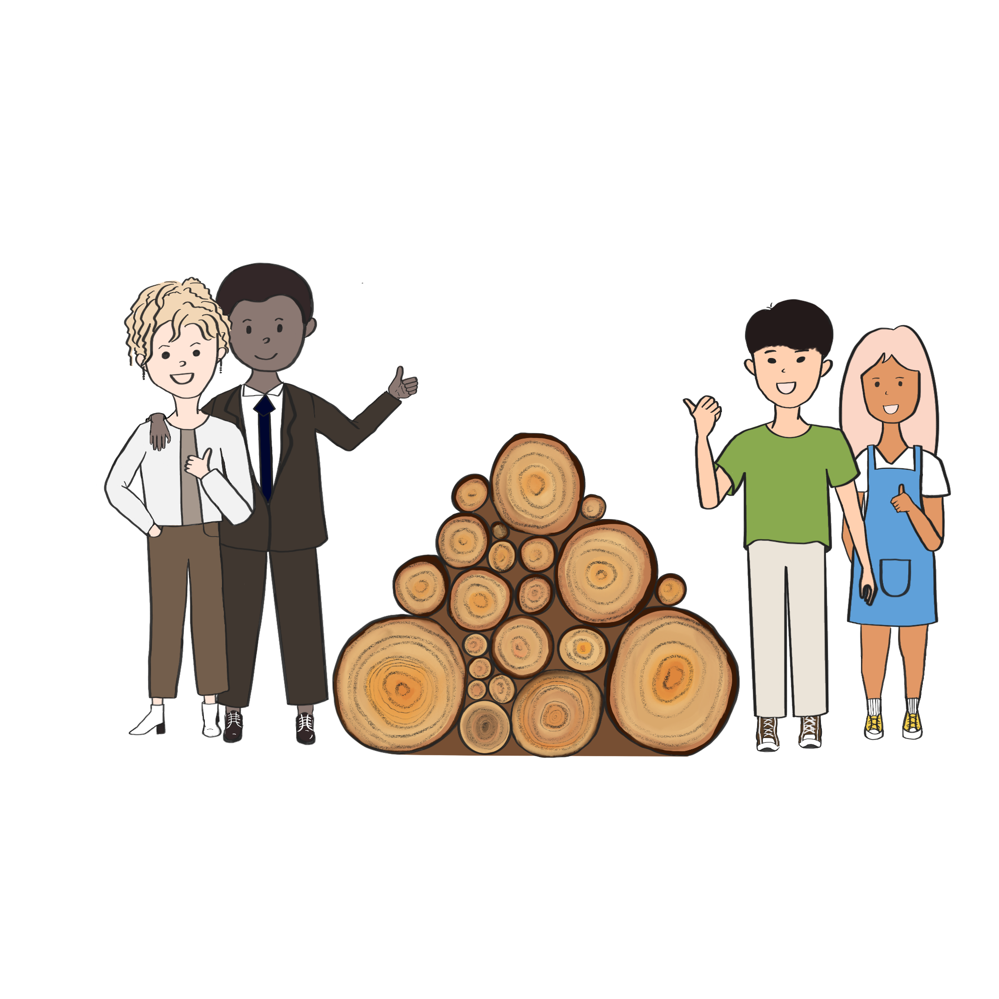 An illustration of some people giving a huge grin at the camera next to a pile of firewood