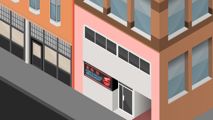 The outside of a building with a pink and grey storefront on the bottom floor with a neon sign that reads Foo's Ho Ho Restaurant accompanied by a bowl of noodles and chopsticks