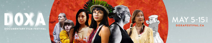 DOXA2022_Letterhead_2175-450 Grey banner with red circle in the middle holds the protagonists of these films