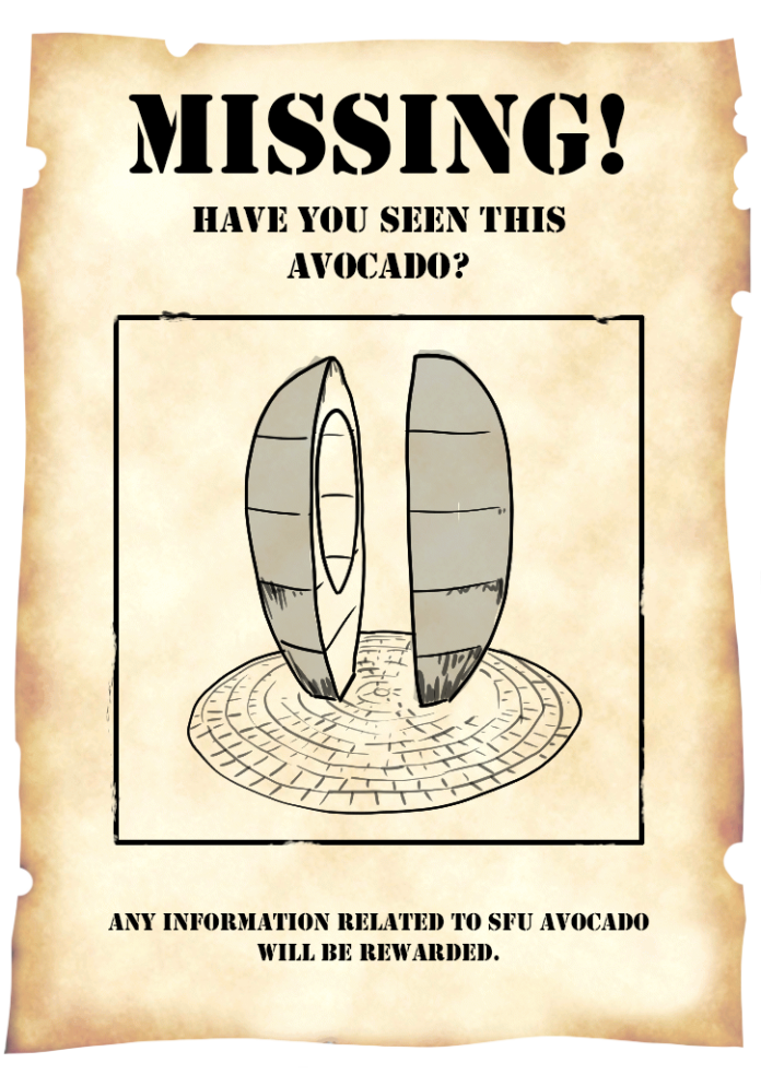 Illustration of a sepia-toned, torn piece of paper depicting the Avocado statue on the Burnaby campus. Above the statue is large text stating, "MISSING! Have you seen this avocado?" Below the statue, text reads, "Any information related to SFU Avocado will be rewarded."