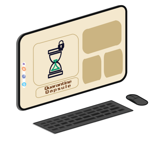 NazmusSakib_QuarantineQapsule Computer screen with a tan coloured webpage open, graphic of an hourglass on the screen with a lock motif in the corner and “Quarantine Qapsule” text