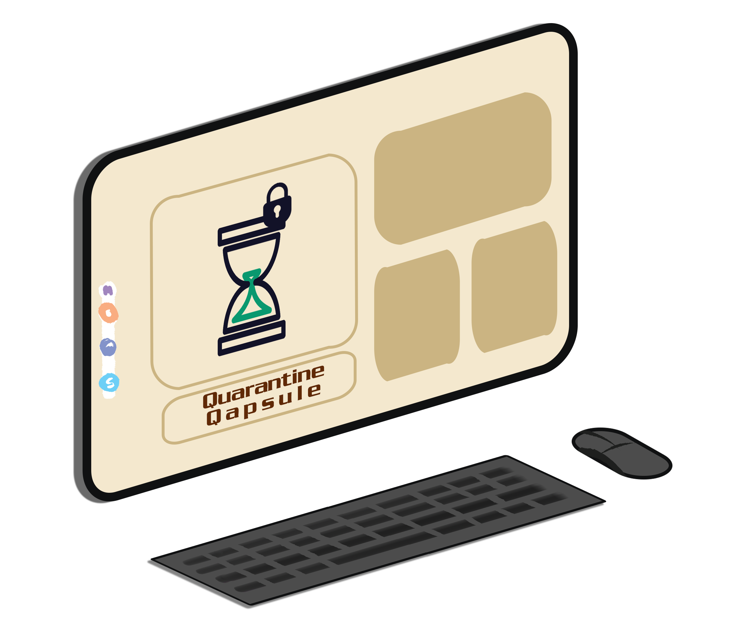 Computer screen with a tan coloured webpage open, graphic of an hourglass on the screen with a lock motif in the corner and “Quarantine Qapsule” text