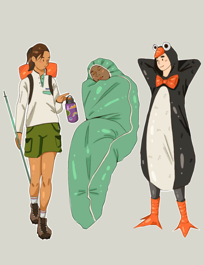 Shaheen Virk - Cover An illustration of a sleeping bag, a hiking outfit, and a penguin suit
