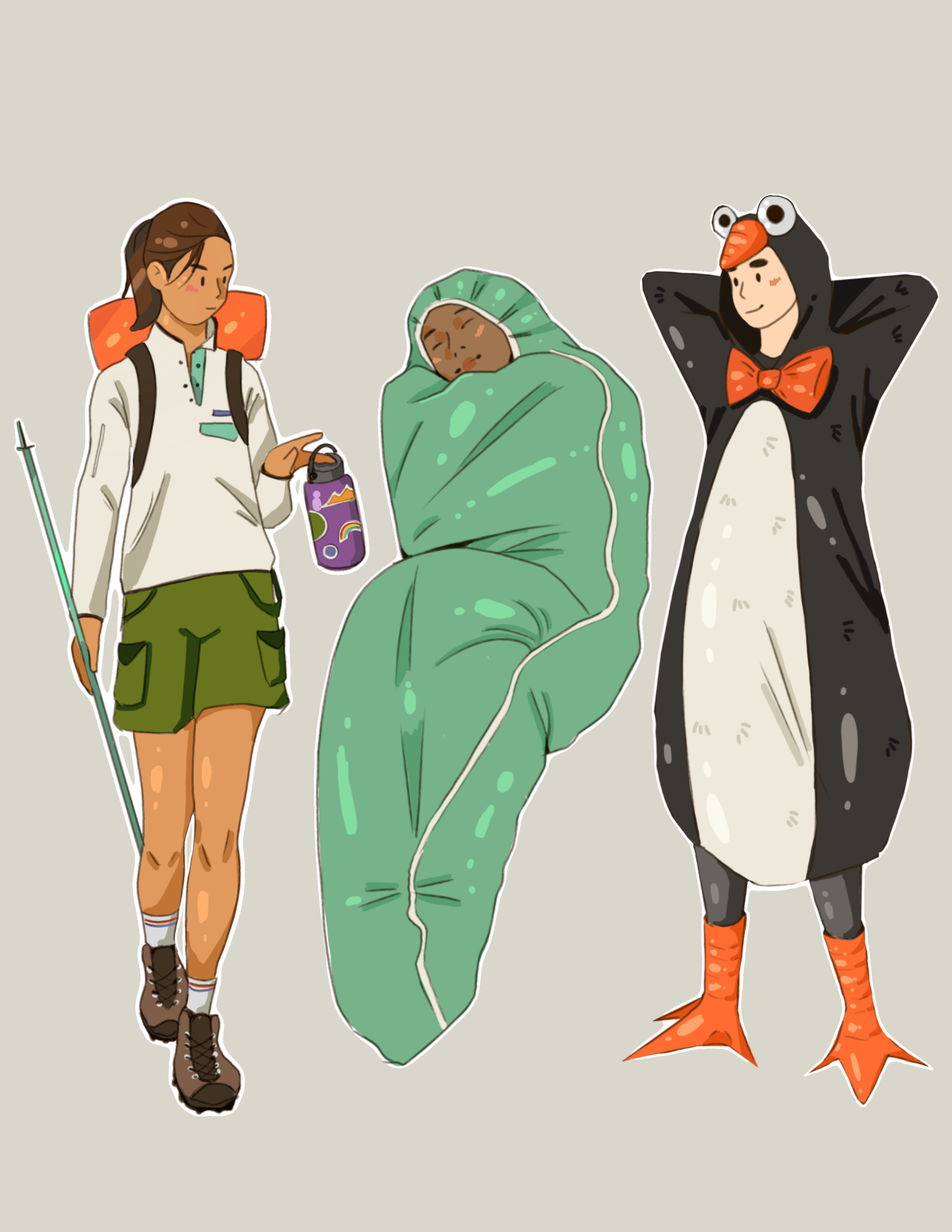An illustration of a sleeping bag, a hiking outfit, and a penguin suit