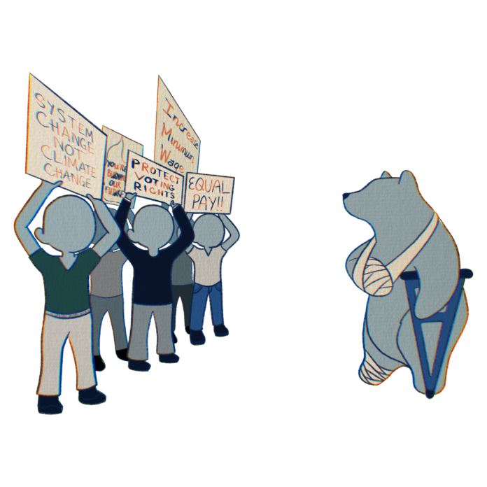 Protest championing progressive causes clearly leaving out injured animals.