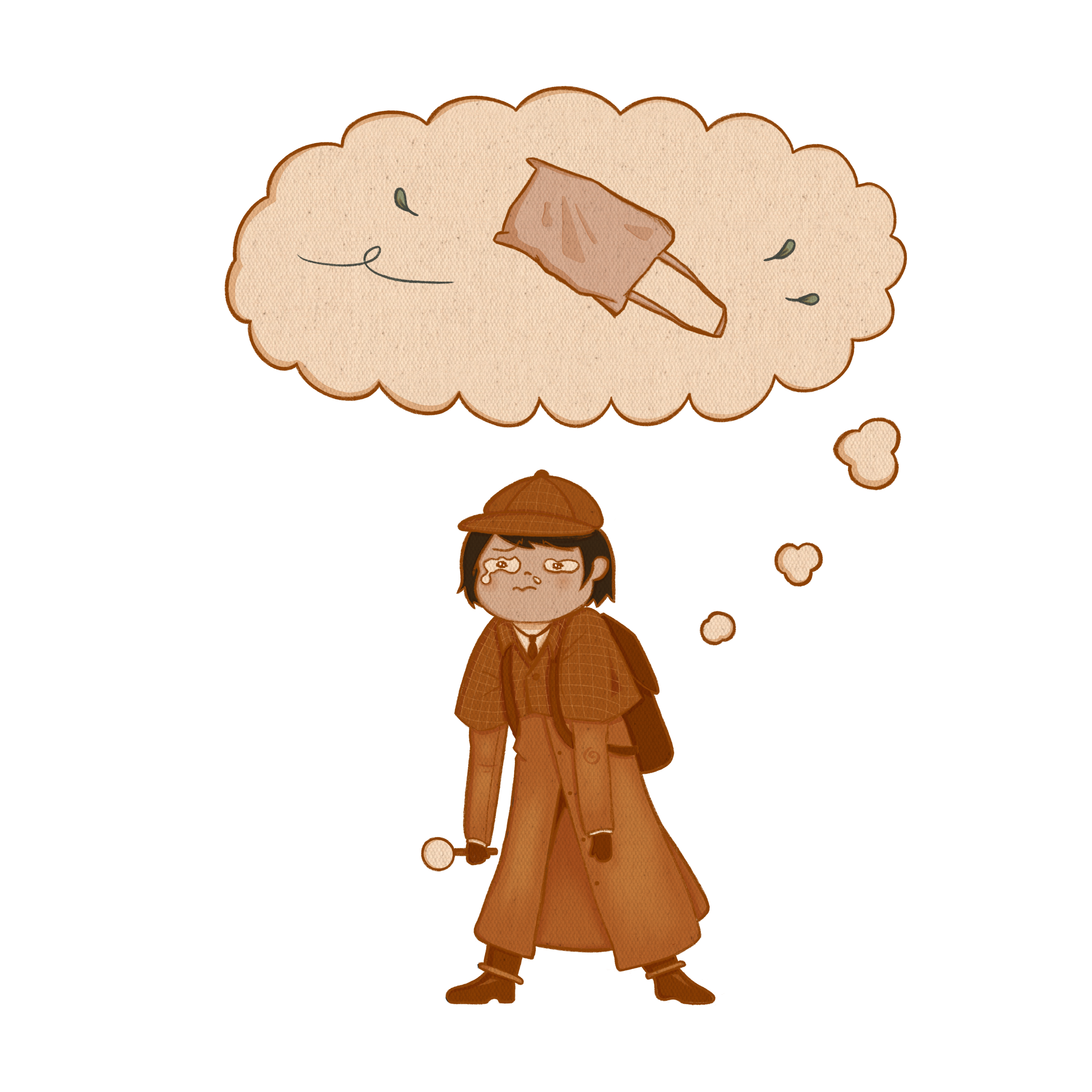 Illustration of a sad student dressed in brown detective clothing, reminiscent of Sherlock Holmes, with a thought bubble of their tote bag.