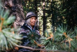 Elderly Indigenous Matriach of Sinixt Nation pictured amidst the shaded forest on a sunny day