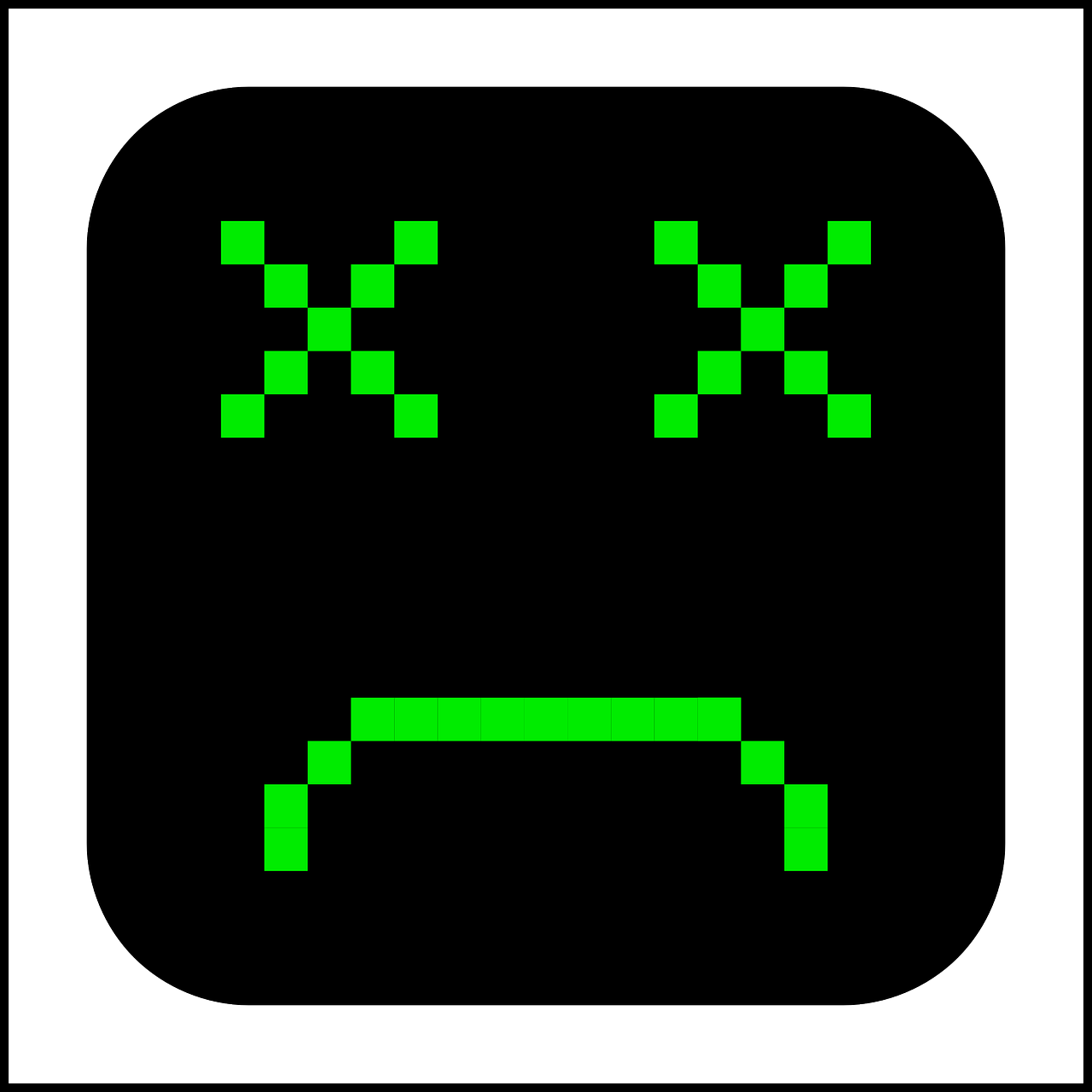 Illustration of a black square set against a white background with a pixelated sad face