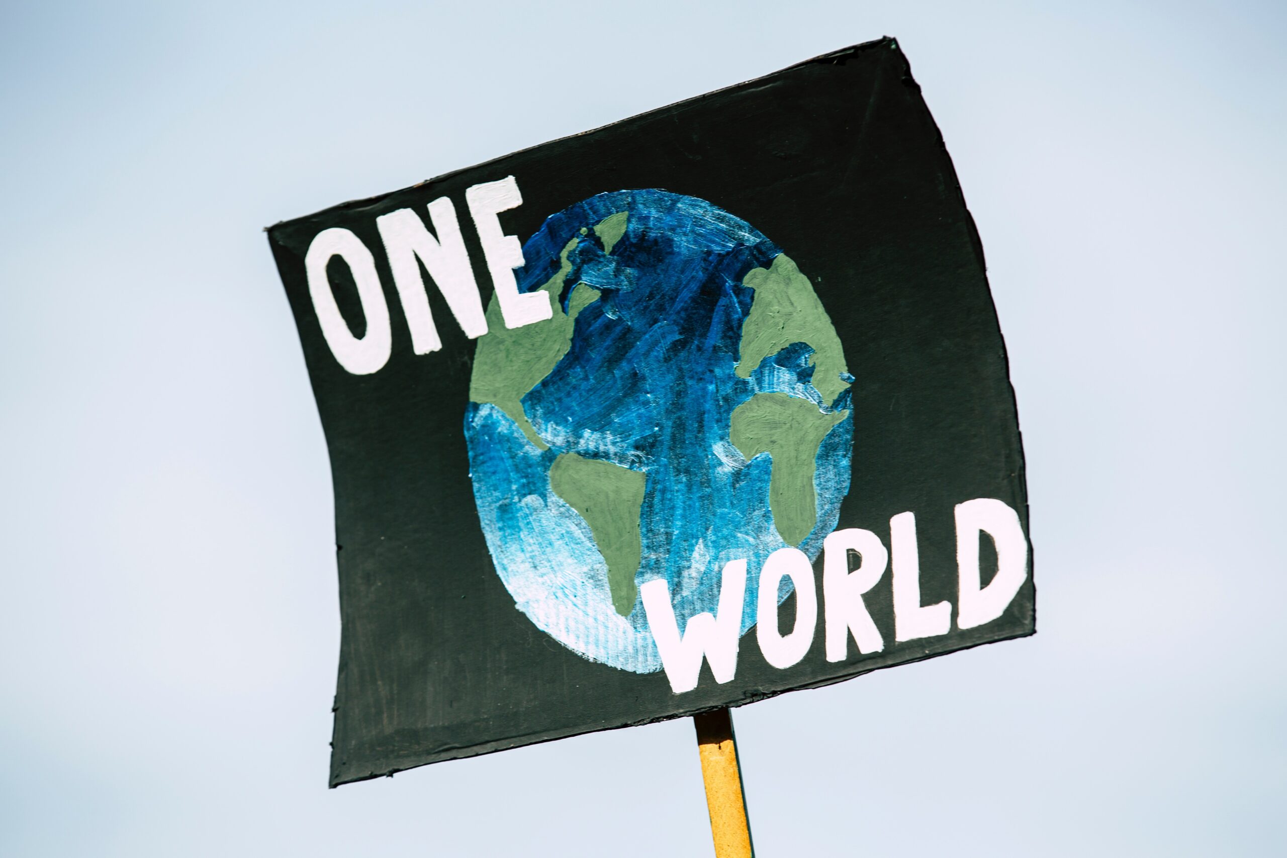 Climate rally sign reading “one world,” written over a drawing of the planet.