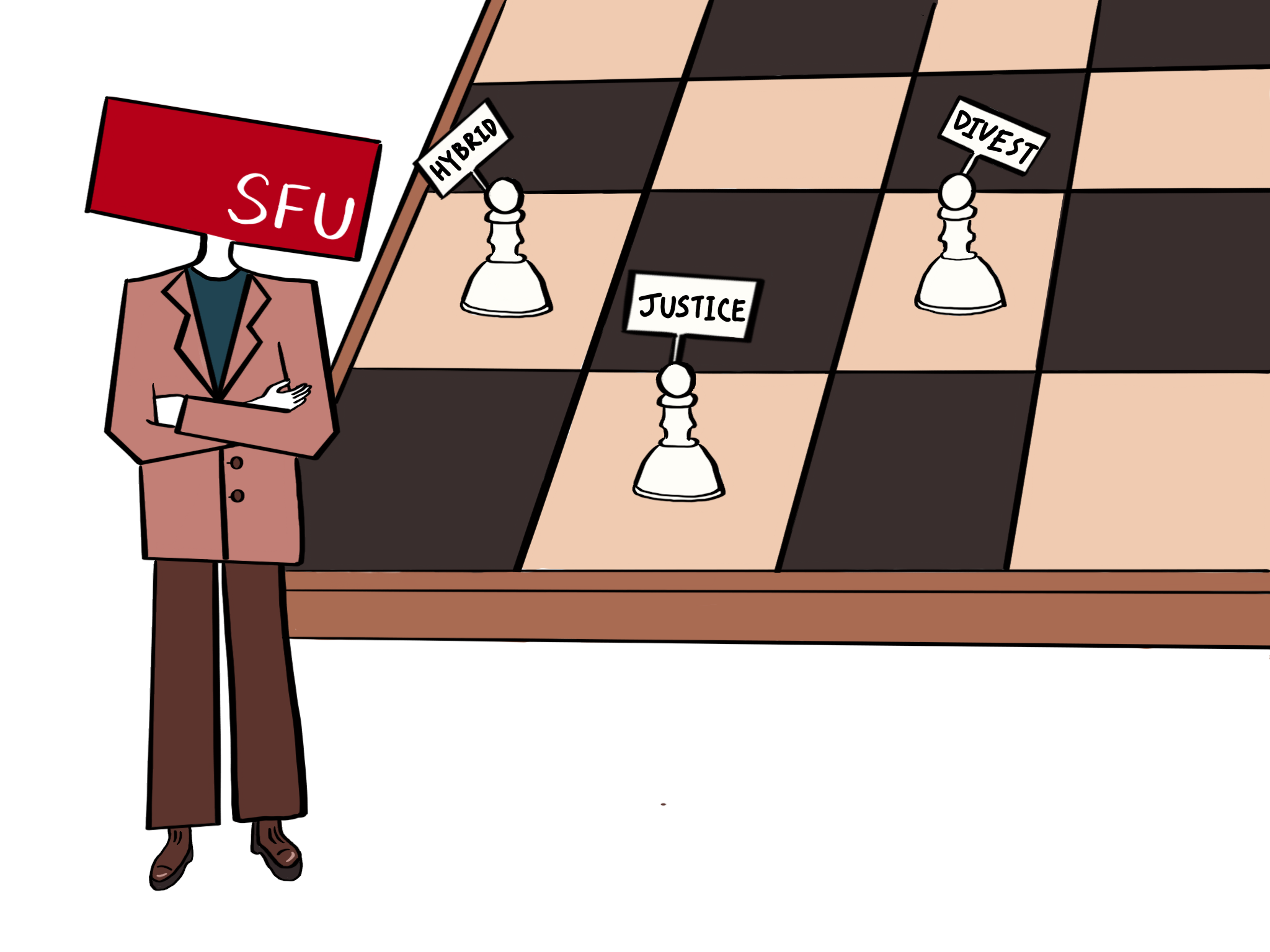 Professionally-dressed person with an SFU logo for a head standing in front of a chess board facing the reader. Chess board extends towards the reader, half off the page. 3 small chess pieces of protestors holding signs reading 
