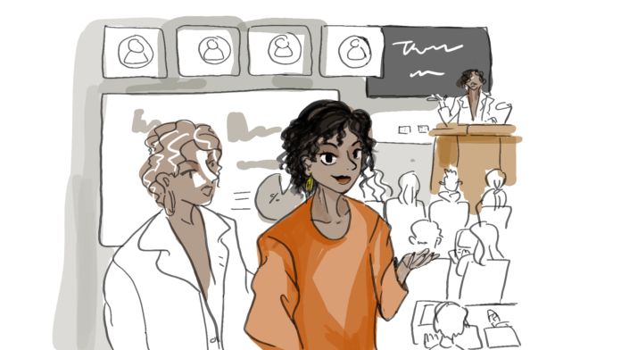 An image of a brown woman professor trying to command the attention of the in-person class in front of her and the zoom class behind her and looking calm but holding her hand out questioningly