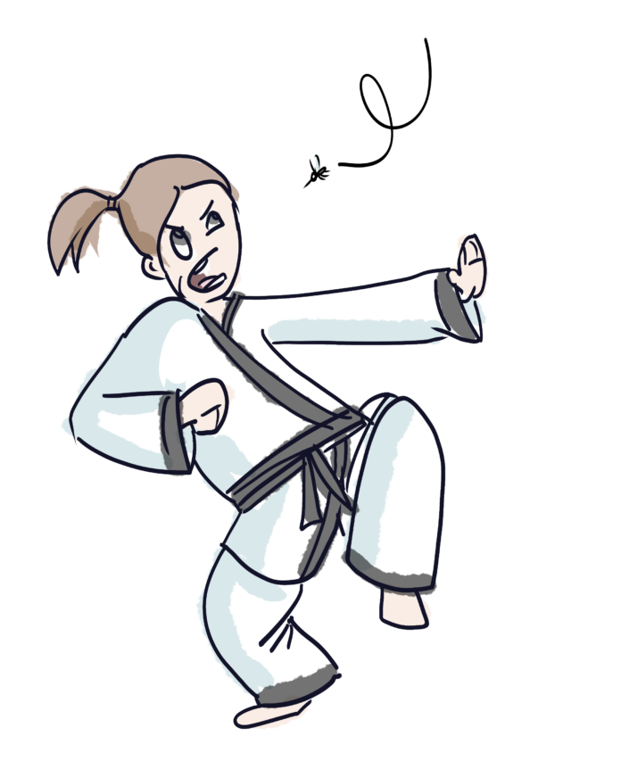 Illustration of a person in a karate gi fighting a stray mosquito