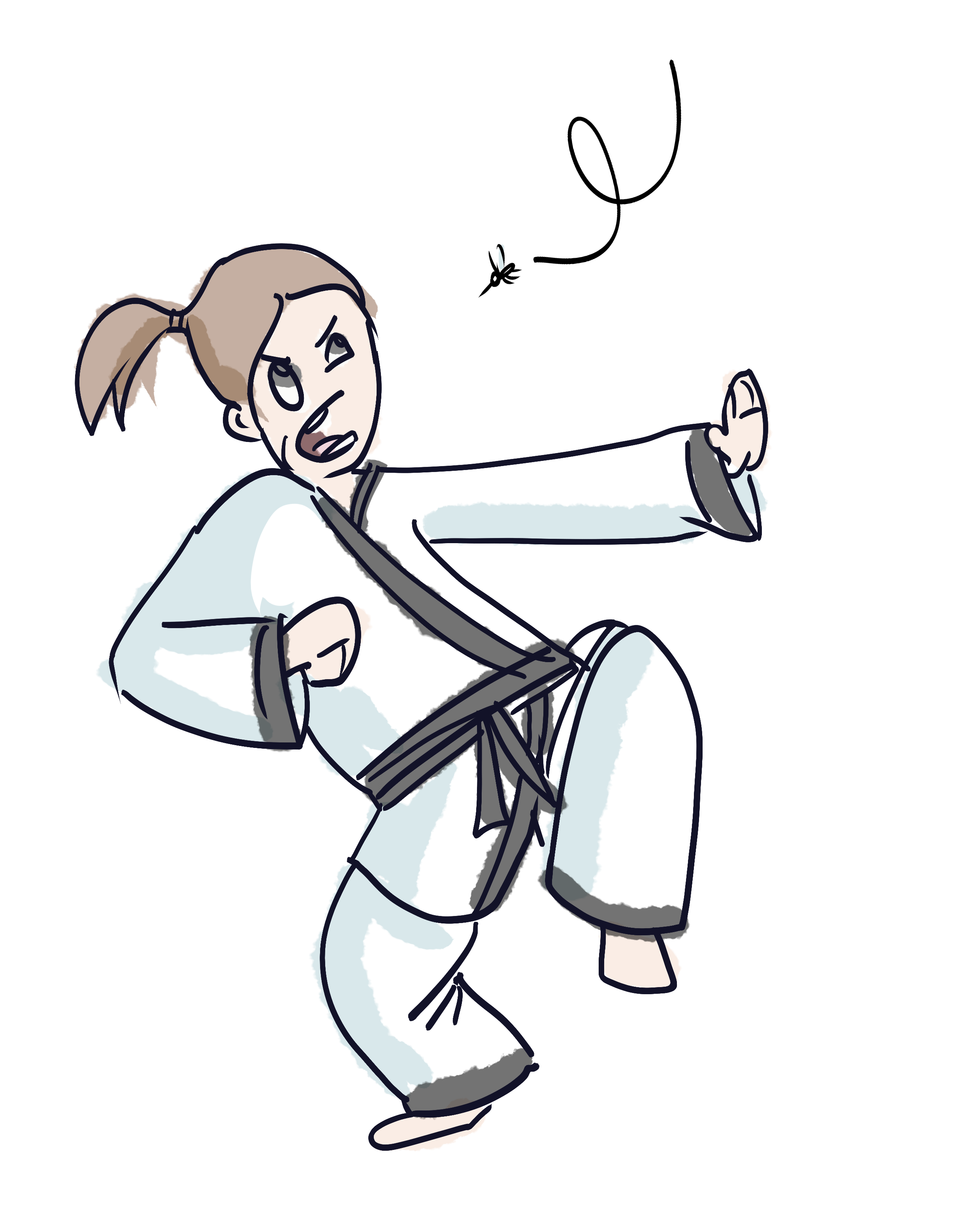 Illustration of a person in a karate gi fighting a stray mosquito