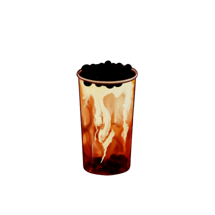 A digital illustration of a brown sugar bubble tea with pearls on top