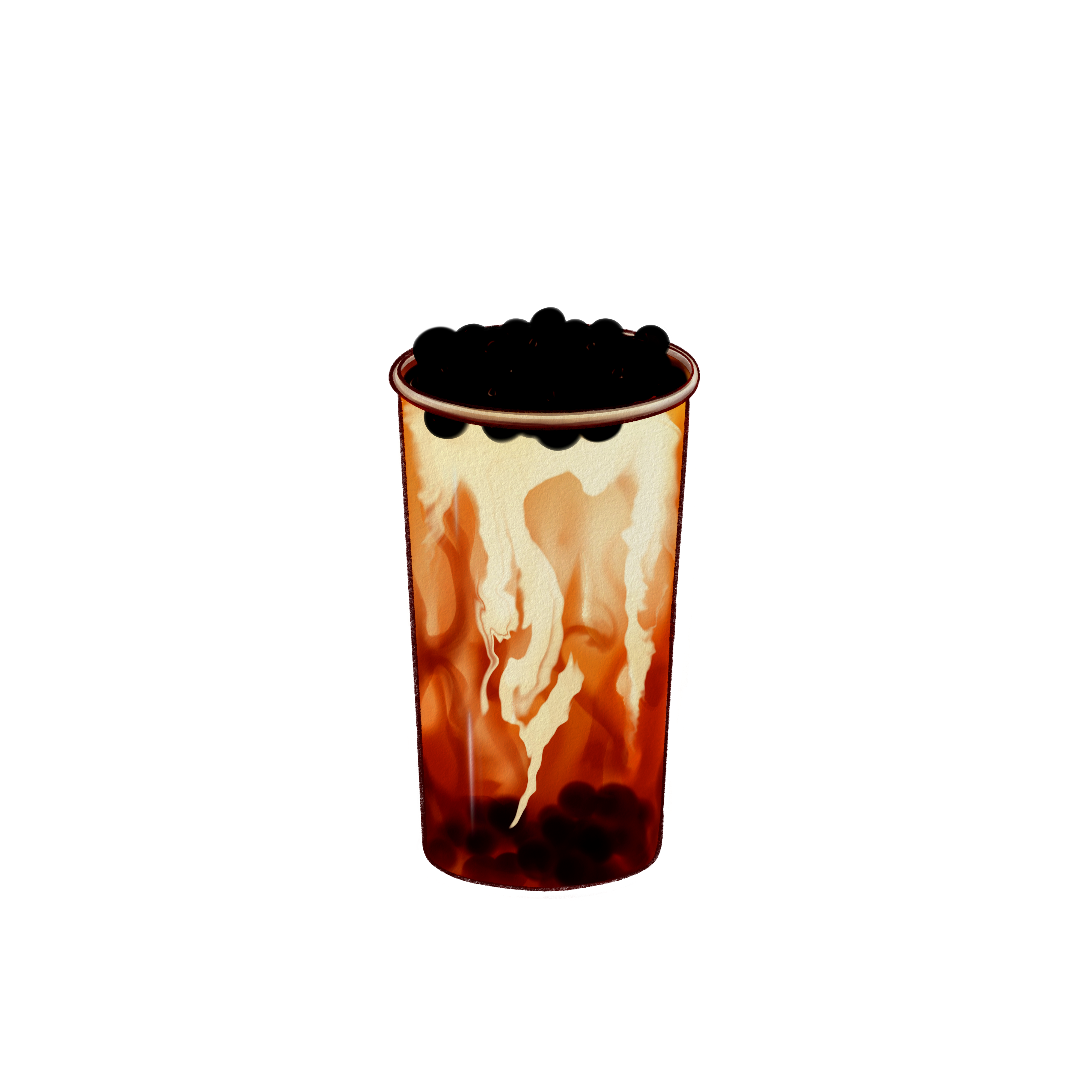 A digital illustration of a brown sugar bubble tea with pearls on top