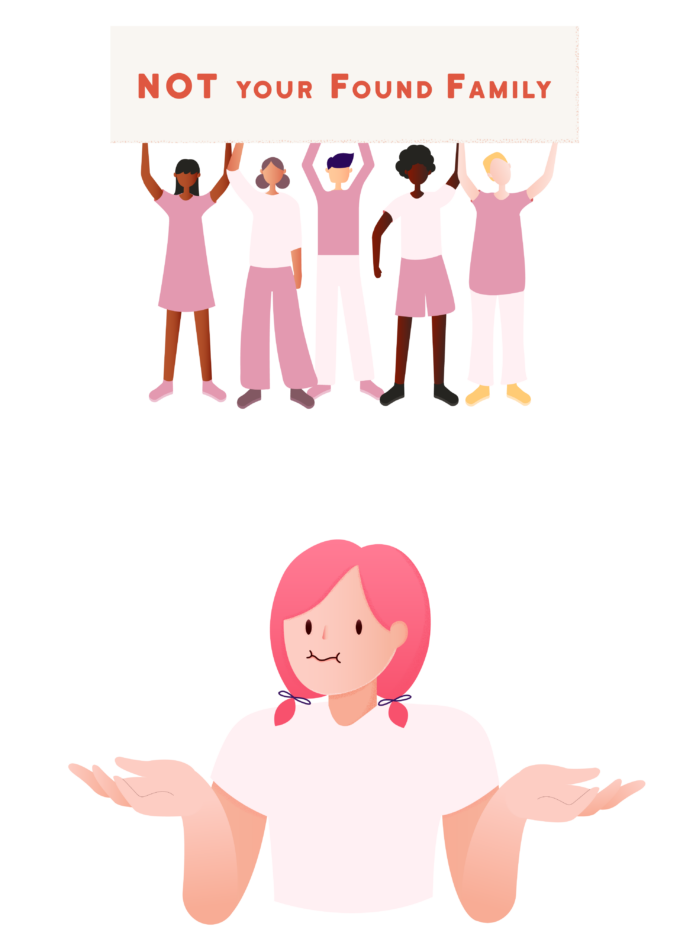StellaNguyen-YANovel An illustration of a student in a messy bun shrugging as people behind her raise a sign that reads, “NOT YOUR FOUND FAMILY”