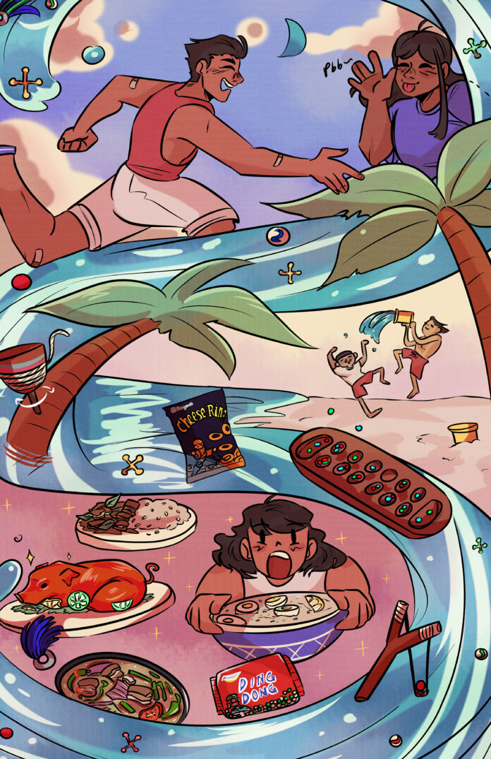 A girl with short black hair stands with her back turned. She is wearing a winter jacket and holding Mukmuk, a Vancouver 2010 winter plush mascot who resembles a beaver, in one hand and a Filipino flag in the other hand. In the distance is a scene of a busy street in Manila with people socializing and laughing.