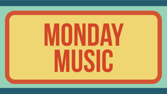 monday_music “Monday Music” in orange block text on a yellow rectangular background with rounded corners and an orange border.