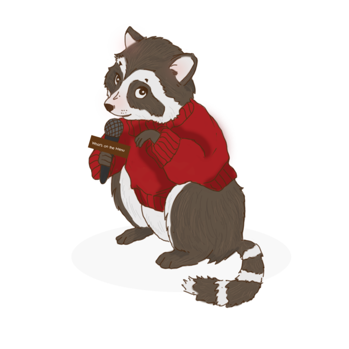 An illustration of a raccoon with a bowtie staring quizzically at the camera