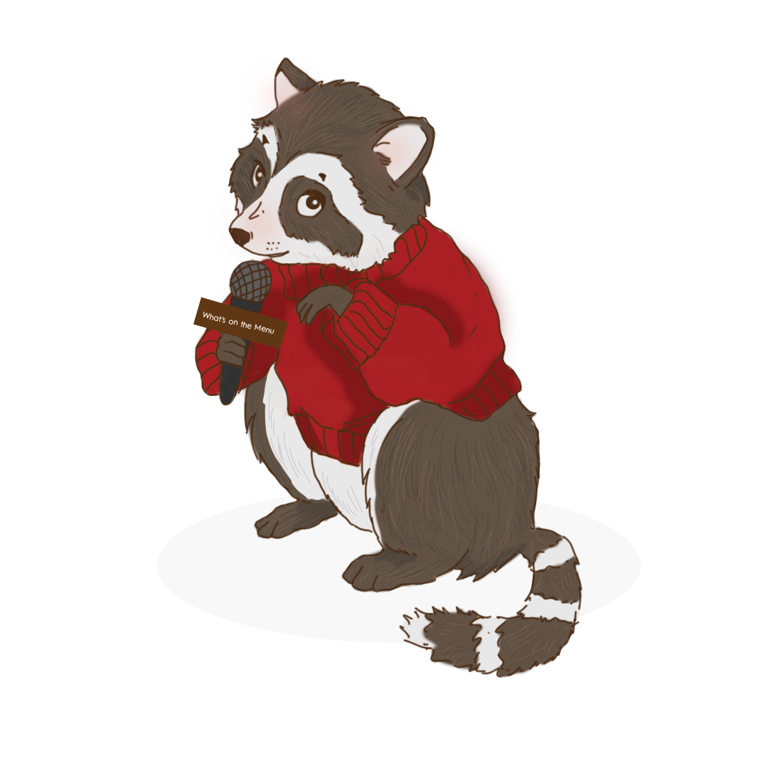 An illustration of a raccoon with a bowtie staring quizzically at the camera