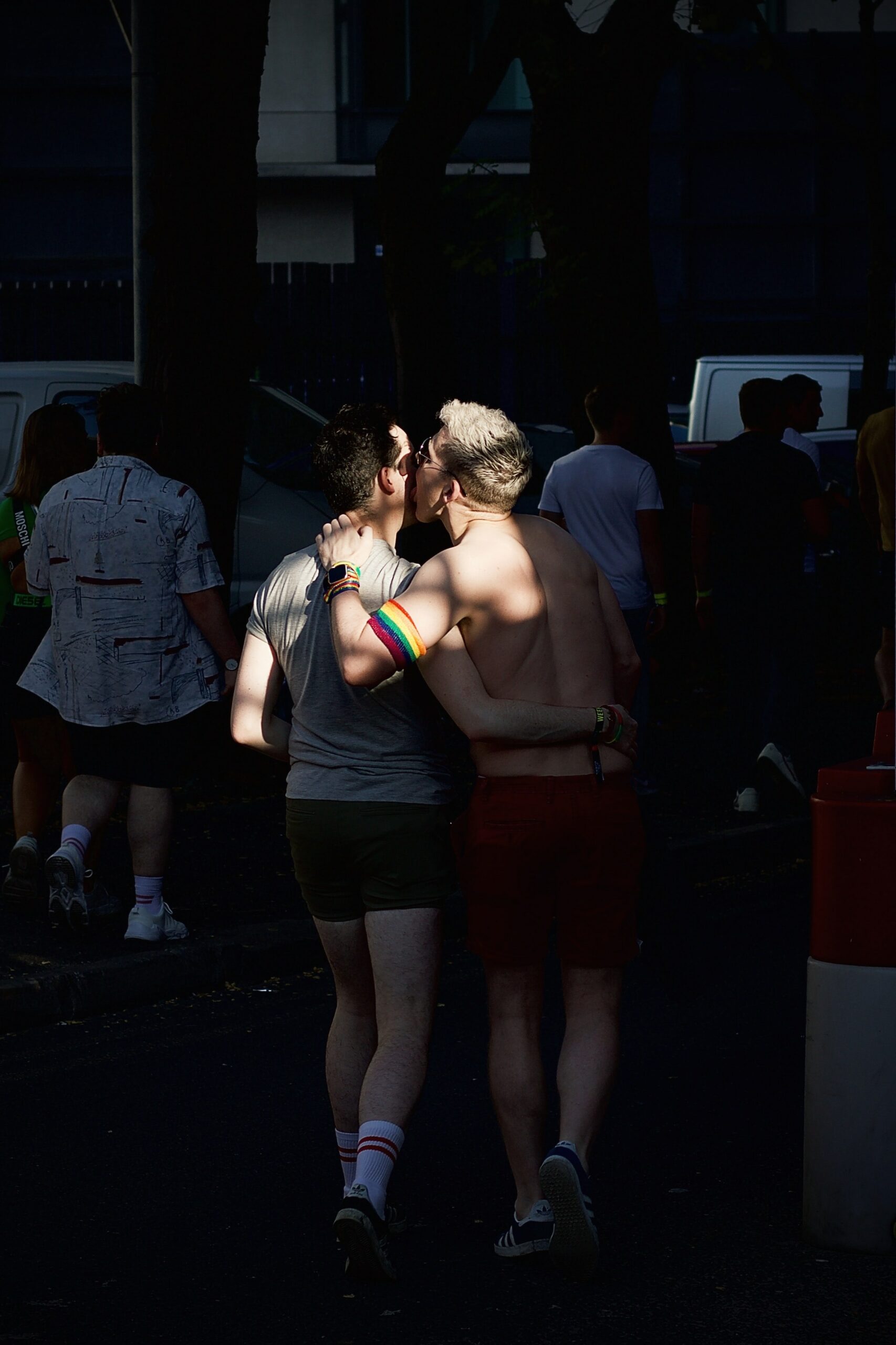The photo shows the backs of two men, walking arm in arm, as they engage in a kiss. One man has a rainbow painted onto his arm.