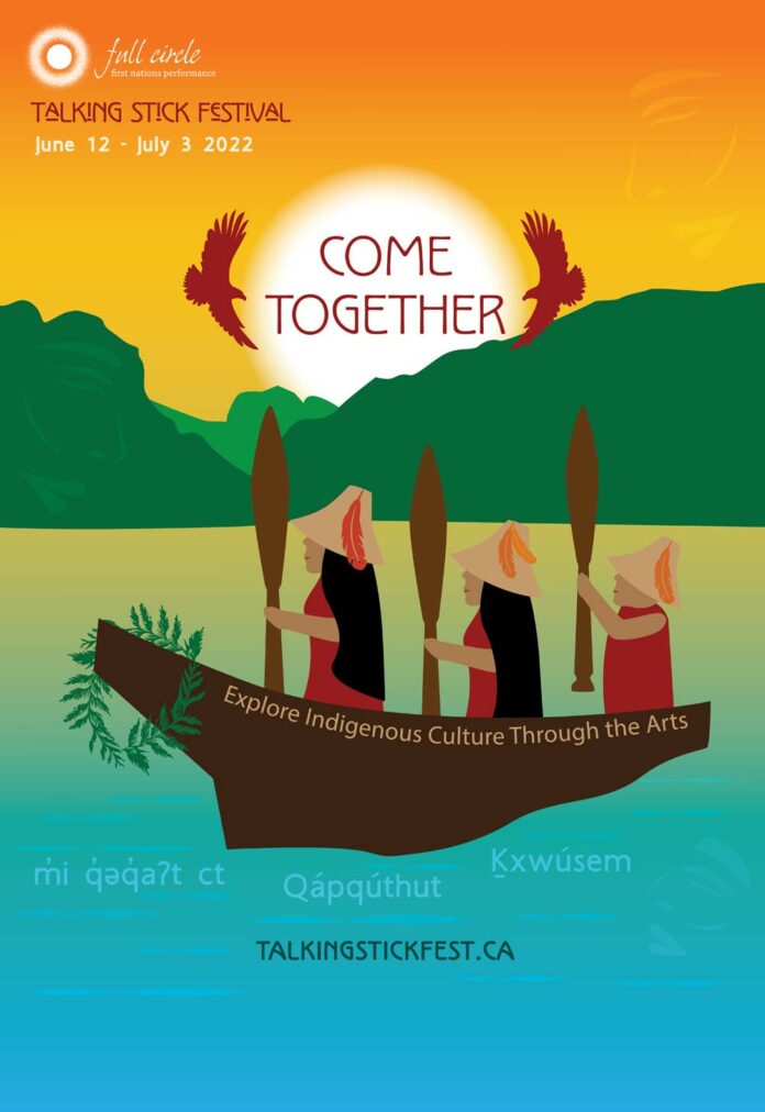 A digitally illustrated poster of a canoe floating across blue water with three people facing away from the viewer. The sky is lit up orange with the sun setting between mountains, and two eagles circling the sun.