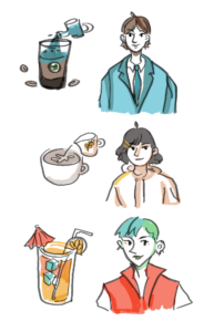 Separate illustrations of a watered down iced coffee in a Starbucks coffee cup, accompanied with a shoulders-up portrait of a student in a suit, a Vanilla Oat Latte, accompanied with a shoulders-up portrait of a student in a cozy sweater, an iced fruity drink, accompanied with a shoulders-up portrait of a student with dyed hair and piercings,