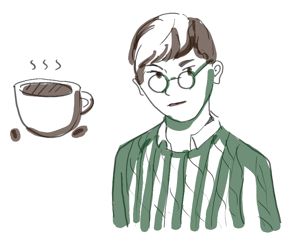 Illustration of a a black coffee, accompanied with a student who has glasses, and a collared shirt beneath a green sweater.