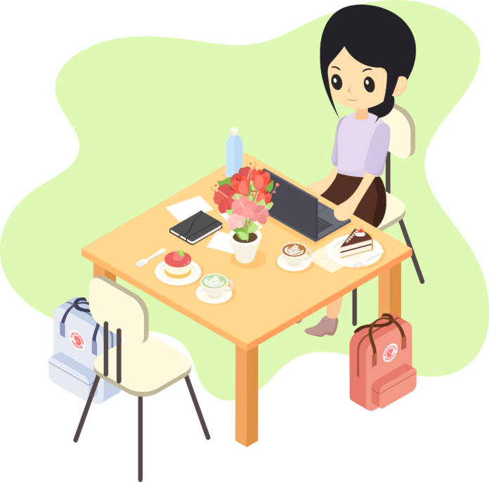 Cartoon drawing of a person sitting at a two-seater table at a cafe. They have their laptop, papers, and coffee scattered on the surface of the table.
