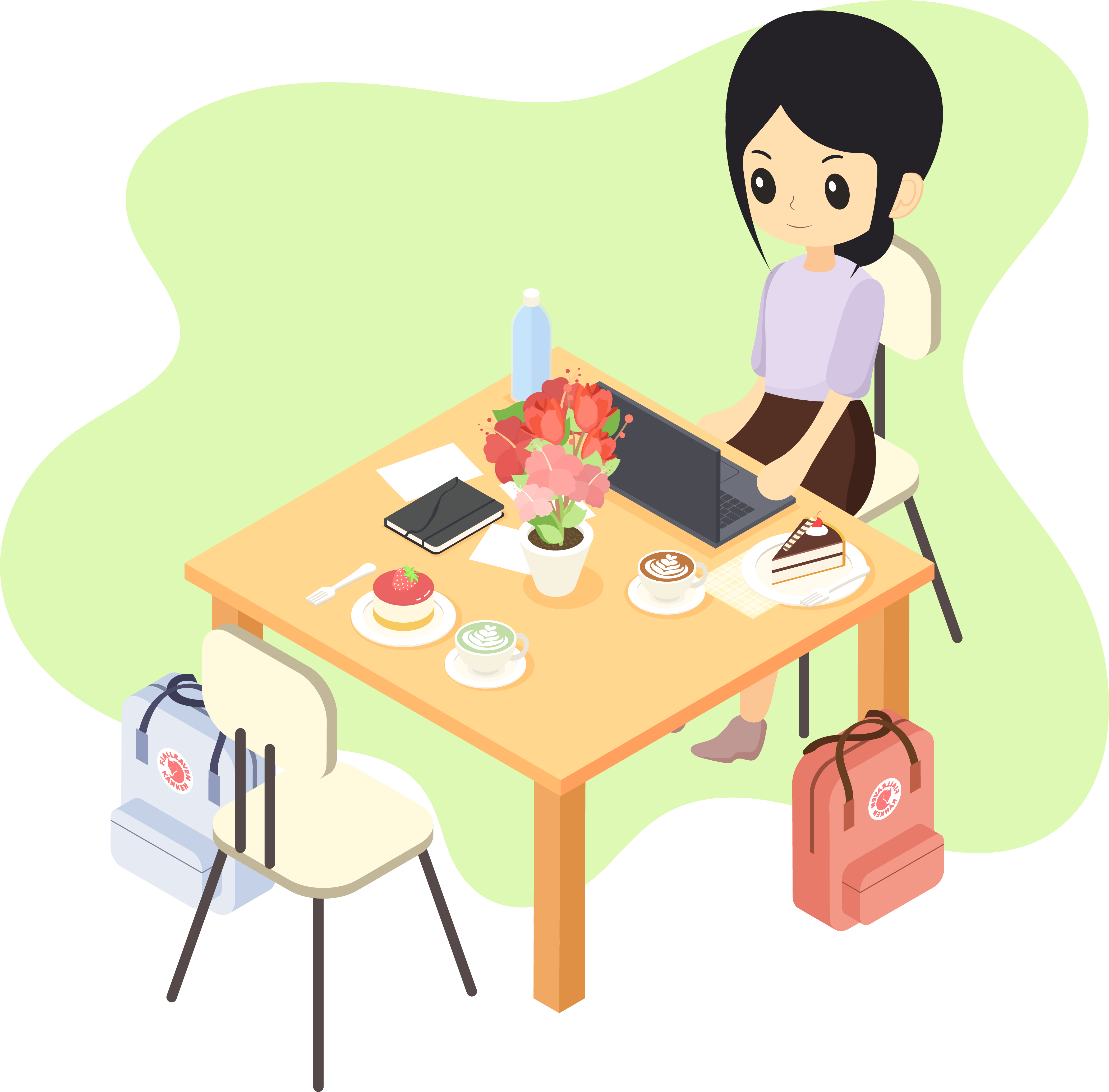 Cartoon drawing of a person sitting at a two-seater table at a cafe. They have their laptop, papers, and coffee scattered on the surface of the table.