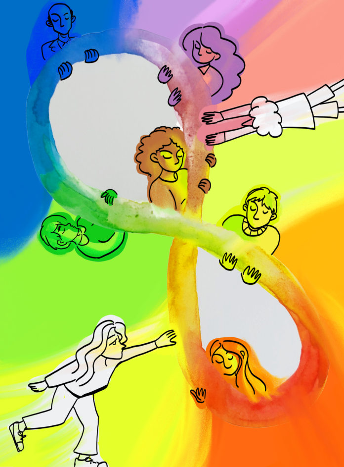 Angela_Shen_Neurodiversity_The_peak The infinity neurodiversity symbol with eight people around it reaching for it or holding onto it. The symbol spans the whole area diagonally with the middle in white and the edges of the image to the outline of the symbol being multicoloured.