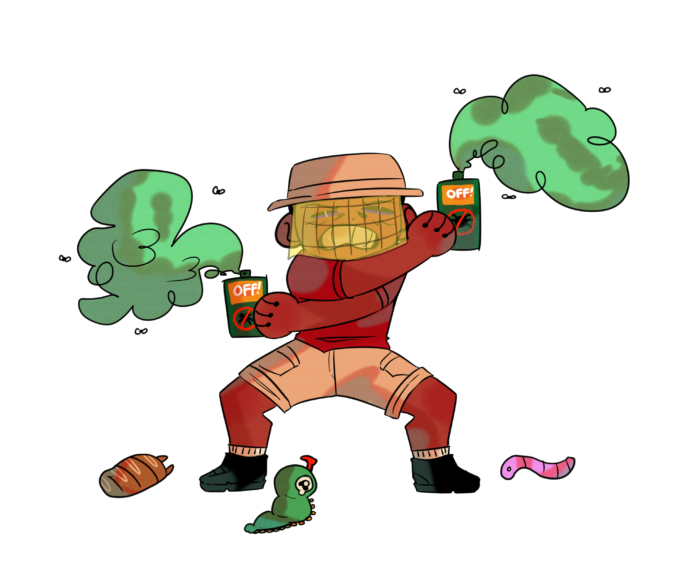 Bug spray-Jiamin Illustration of a person in camping gear and a hat with netting around their face, in a fighting stance, carrying Bug spray in their hands