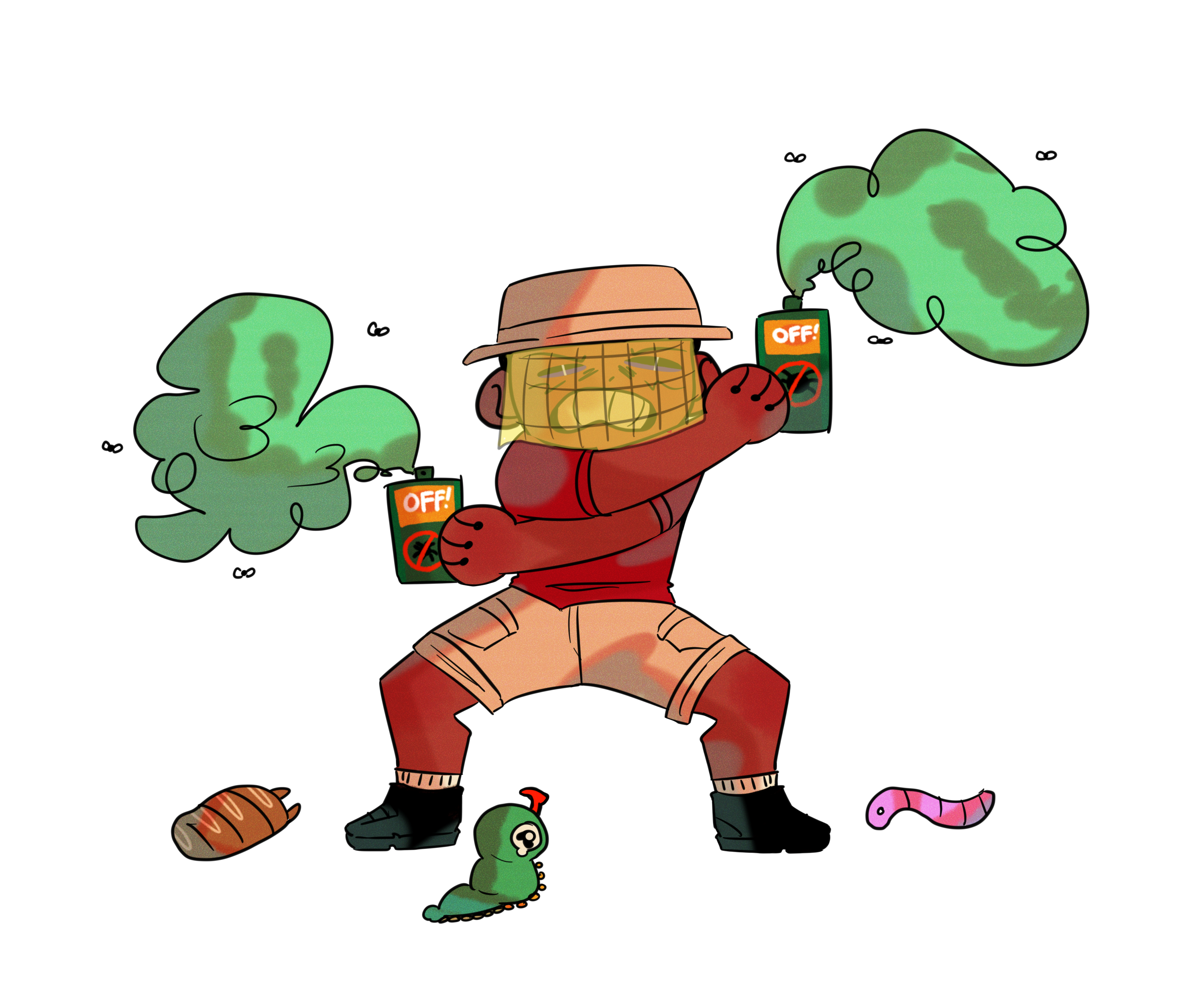Illustration of a person in camping gear and a hat with netting around their face, in a fighting stance, carrying Bug spray in their hands