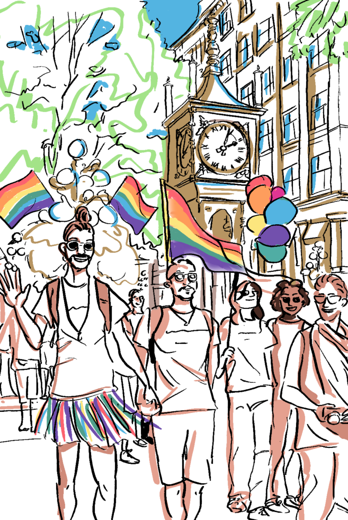 queer folks walking during a Pride-merch adorned street