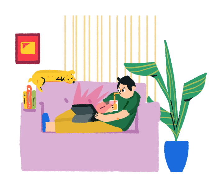 Illustration of a cartoon character sitting in a relaxed position on a couch and sipping a juice box, with a laptop open in front of them. The home is decorated brightly, and a dog lies napping on the couch.