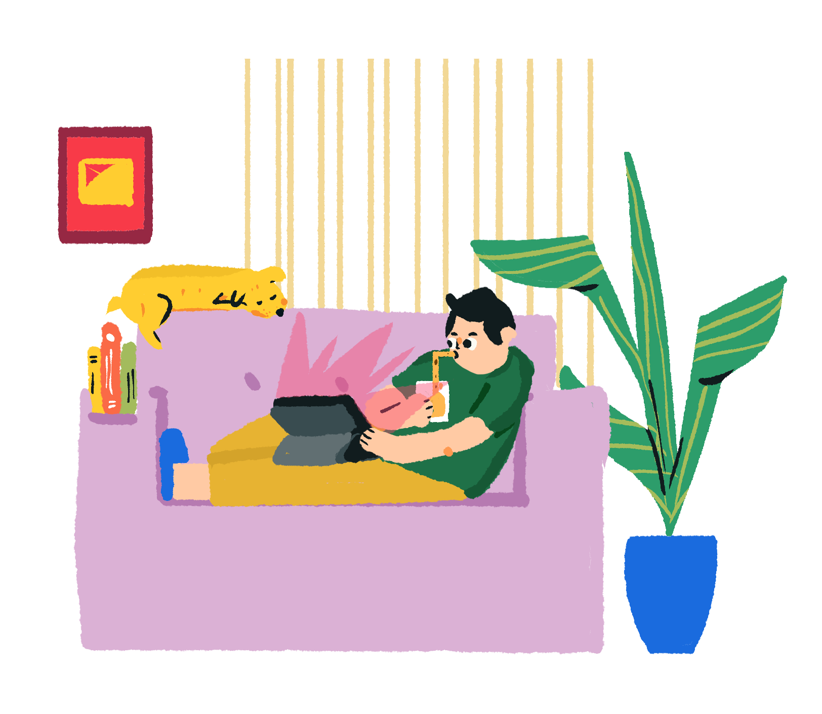 Illustration of a cartoon character sitting in a relaxed position on a couch and sipping a juice box, with a laptop open in front of them. The home is decorated brightly, and a dog lies napping on the couch.