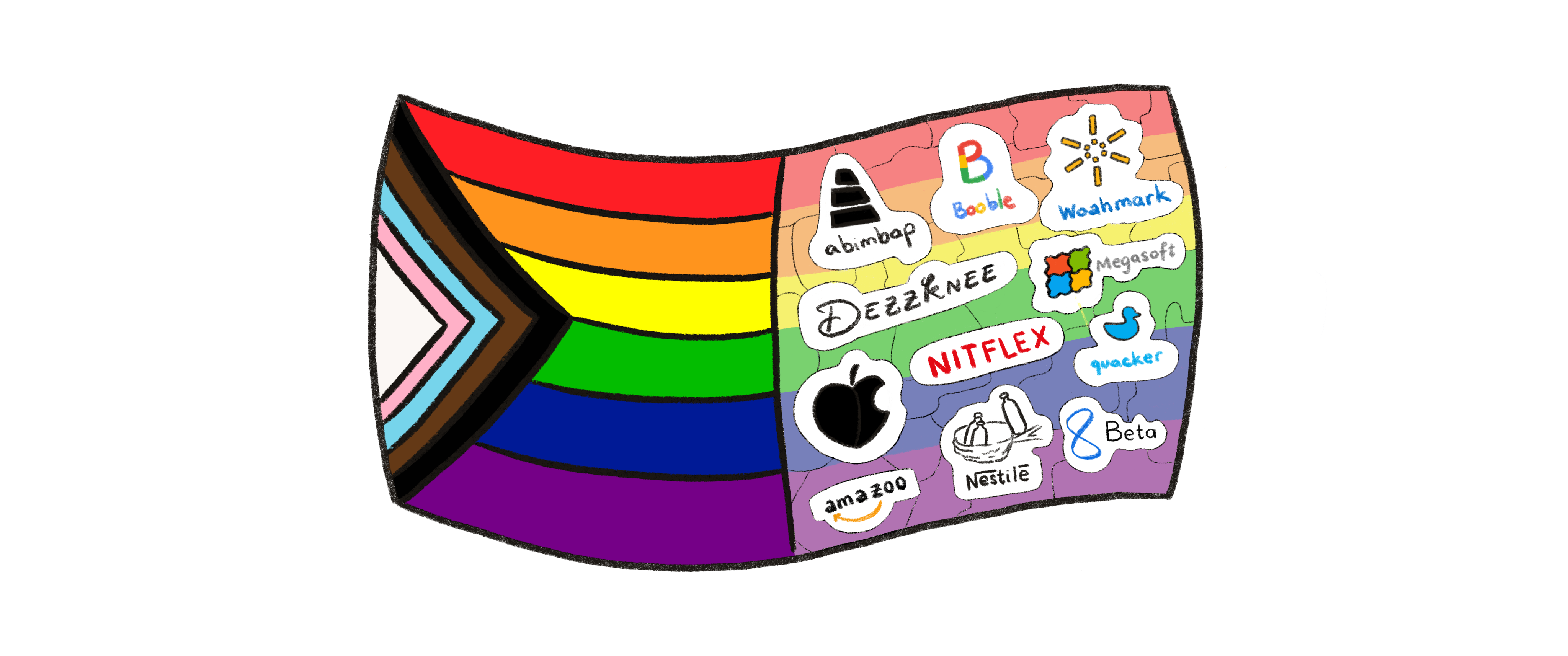 Pride flag crossed with corporate logos