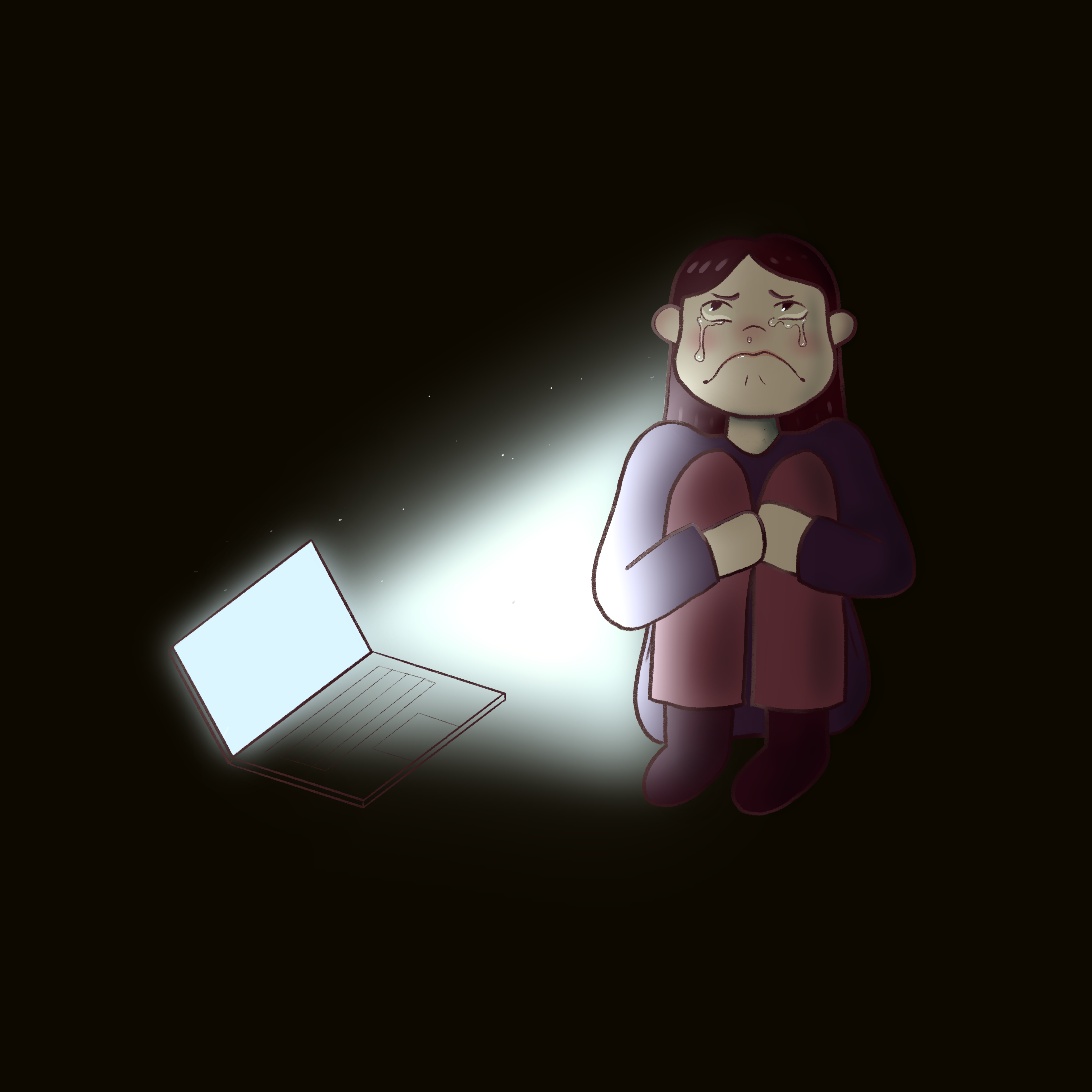 A person with tears down their face. They're sitting in a dark room lit with the glow of a computer screen. The computer/laptop screen can be seen in the foreground.