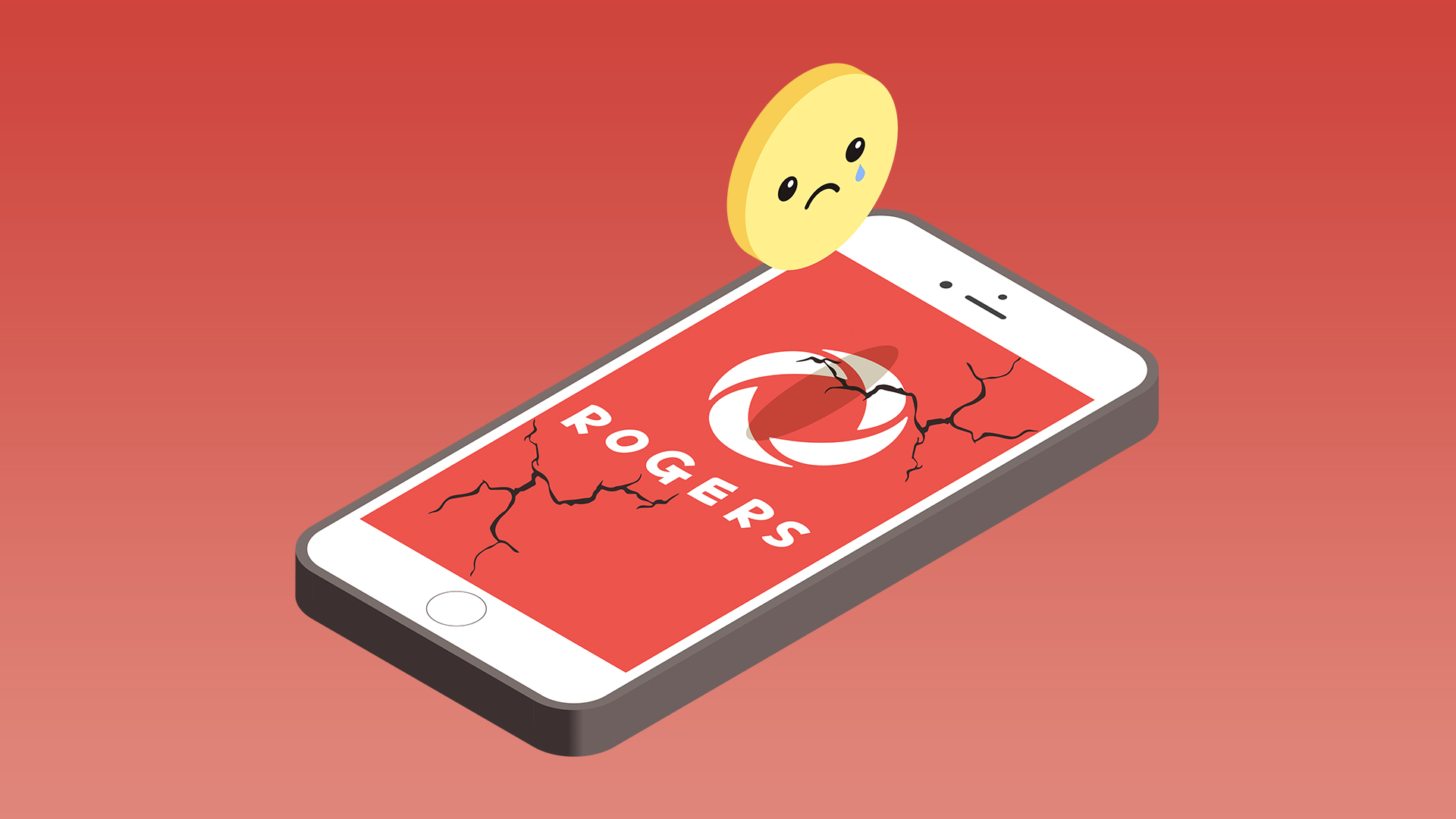 An illustration of a smartphone with the Rogers logo. The screen is cracked, revealing a LED sad face.