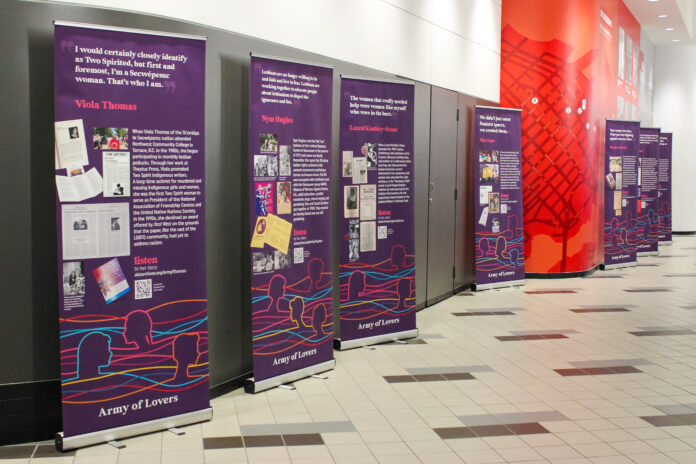 army_of_lovers The photo is taken in the hallway of the SFU Vancouver Harbour Centre building. There are three boards that have biographies of Christopher Moore, Nora Randall, and Nancy Pollack.