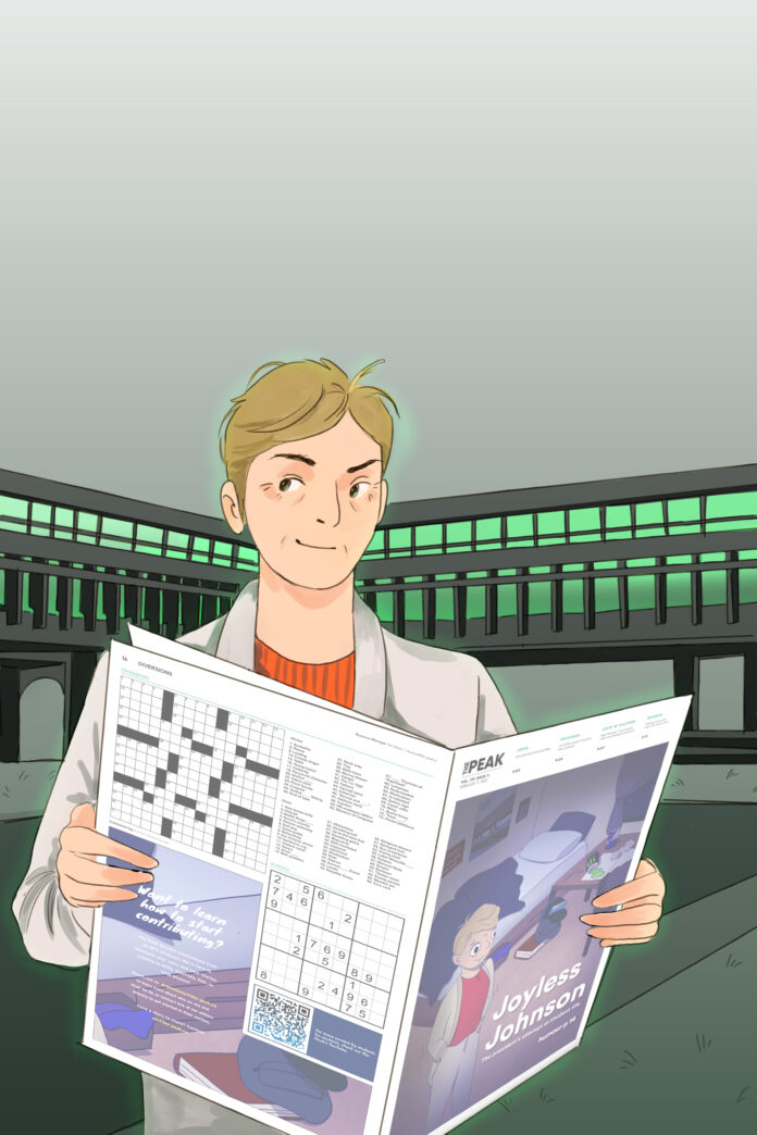 cover Illustration of Joy Johnson smirking as she reads a cover of The Peak, with an illustration of Joy Johnson on it.