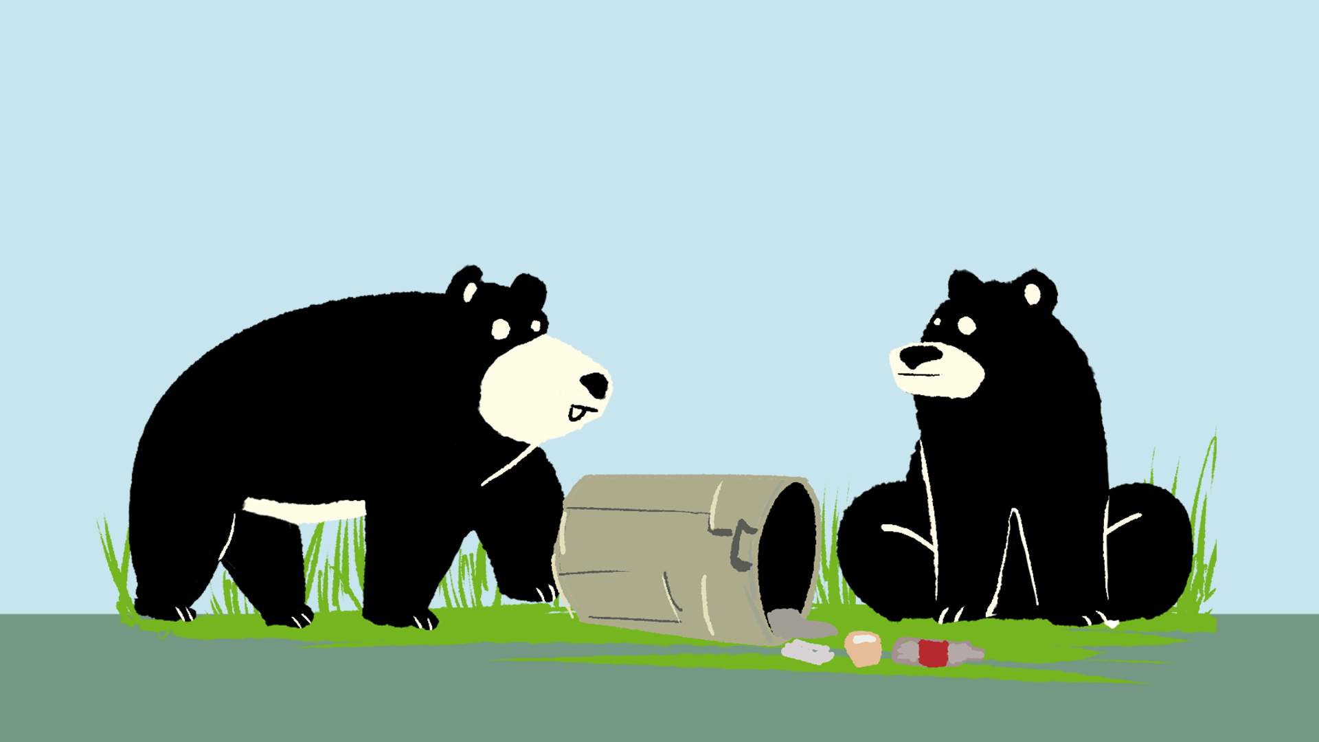 An illustration of a gathering of bears sitting on the grass