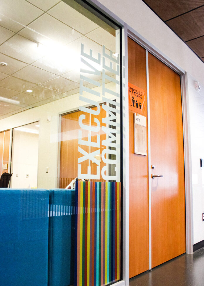 The outside of the Simon Fraser Student Society Executive Committee meeting room.