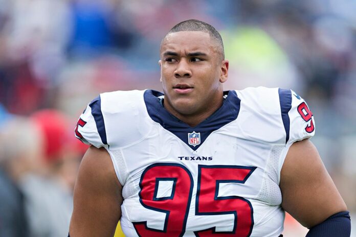 Houston Texans v Tennessee Titans This is a close up photo of Christian Covington on the football field.